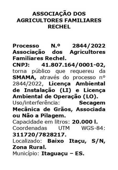 LICENÇA AMBIENTAL REQUERIDA - ASSOCIAÇÃO DOS AGRICULTORES 